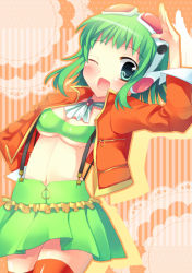 Rule 34 | 1girl, amamine, bad id, bad pixiv id, blush, goggles, goggles on head, green eyes, green hair, gumi, headphones, jacket, matching hair/eyes, gumi (v3 megpoid), one eye closed, open mouth, red-tinted eyewear, short hair, skirt, smile, solo, thighhighs, tinted eyewear, vocaloid, wink, zettai ryouiki