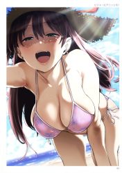 Rule 34 | 1girl, :d, absurdres, arm up, armpits, beach, bent over, bikini, blue eyes, blush, breasts, cleavage, collarbone, cowboy shot, day, dutch angle, gluteal fold, half-closed eyes, hat, hat ribbon, highres, large breasts, long hair, looking at viewer, non-web source, open mouth, outdoors, pija (pianiishimo), pink bikini, purple hair, ribbon, scan, side-tie bikini bottom, smile, solo, strap gap, straw hat, sun hat, sunlight, sweat, swimsuit, toranoana