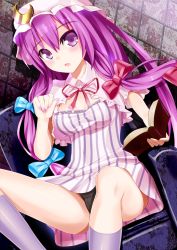 Rule 34 | 1girl, bad id, bad pixiv id, black panties, blush, book, breasts, capelet, chair, covered erect nipples, crescent, dress, female focus, hair ribbon, hat, henet hene, kneehighs, long hair, looking at viewer, open mouth, panties, pantyshot, patchouli knowledge, purple eyes, purple hair, purple socks, ribbon, sitting, socks, solo, spread legs, striped clothes, striped dress, touhou, tress ribbon, underwear, upskirt, vertical stripes, very long hair
