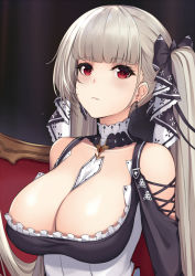Rule 34 | 1girl, absurdly long hair, azur lane, blush, breasts, choker, collarbone, corset, couch, dark background, earrings, formidable (azur lane), frills, hair ribbon, highres, jewelry, large breasts, lips, long hair, necktie, pak ce, platinum blonde hair, red eyes, ribbon, sitting, solo, twintails, two-tone dress, two-tone ribbon, very long hair