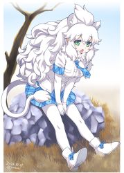 Rule 34 | 1girl, :o, animal ear fluff, animal ears, ankle boots, arm support, bare tree, between legs, blue bow, blue necktie, blue skirt, blue sky, boots, border, bow, breast pocket, breasts, dated, day, extra ears, fang, footwear bow, from side, full body, fur collar, gloves, gradient sky, grass, green eyes, hair between eyes, hand between legs, kemono friends, kemono friends 3, leaning forward, lion ears, lion girl, lion tail, long hair, looking at viewer, looking to the side, medium breasts, miniskirt, necktie, open mouth, outdoors, outside border, own hands together, pantyhose, plaid, plaid bow, plaid necktie, plaid neckwear, plaid skirt, pleated skirt, pocket, rock, shirt, shoe soles, short sleeves, sidelocks, sitting, sitting on rock, skirt, sky, sleeve cuffs, solo, tail, tareme, topknot, tree, twitter username, v arms, very long hair, wavy hair, white border, white footwear, white gloves, white hair, white lion (kemono friends), white pantyhose, white shirt, yamai