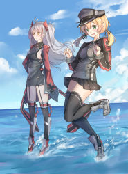 Rule 34 | 2girls, :d, :q, antenna hair, azur lane, black dress, black gloves, black hat, black legwear, black shirt, black skirt, blonde hair, blue sky, blush, breasts, buttons, cloud, cloudy sky, commentary, crossover, day, dress, floating hair, garter straps, gloves, green eyes, grey footwear, hair ornament, hands up, hat, highres, historical name connection, horizon, kantai collection, leg up, long hair, long sleeves, looking at viewer, low twintails, medium breasts, military hat, miniskirt, multicolored hair, multiple girls, name connection, ocean, open mouth, outdoors, peaked cap, pleated skirt, prinz eugen (azur lane), prinz eugen (kancolle), red hair, scarlet dango, shirt, shoes, sideboob, sidelocks, silver hair, skirt, sky, sleeves past wrists, smile, standing, standing on one leg, streaked hair, thighhighs, tongue, tongue out, twintails, two side up, water, yellow eyes