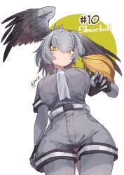 Rule 34 | 1girl, arm at side, asymmetrical hair, belt, bird wings, black gloves, bodystocking, breast pocket, breasts, brown hair, character name, closed mouth, collared shirt, cowboy shot, feathered wings, fingerless gloves, from below, gloves, green eyes, grey hair, grey shirt, grey shorts, hair between eyes, hand up, head wings, highres, jknor, kemono friends, large breasts, long hair, looking at viewer, multicolored hair, necktie, numbered, orange hair, pocket, shirt, shirt tucked in, shoebill (kemono friends), short sleeves, shorts, side ponytail, solo, taut clothes, taut shirt, white necktie, wing collar, wings