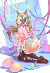 Rule 34 | 1girl, ain choiwet, all fours, aqua nails, back, balloon, black thighhighs, blue eyes, blush, breasts, brown hair, choker, food, food on body, food on face, food on head, food on legs, food on shoulders, frilled thighhighs, frills, from behind, full body, highres, ice cream, ice cream cone, ice cream cone on head, ice cream cone spill, large breasts, lips, long hair, nail polish, naked ribbon, nipples, no shoes, nude, object on head, original, pink ribbon, ponytail, ribbon, ribbon choker, shadow, solo, suggestive fluid, tears, thighhighs, waffle cone