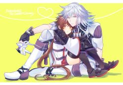 Rule 34 | 1boy, 1girl, armor, blush, gloves, highres, himeno345, jin (xenoblade), long hair, looking at viewer, lora (xenoblade), nintendo, parted lips, pauldrons, red hair, ribbon, short hair, shoulder armor, skirt, xenoblade chronicles (series), xenoblade chronicles 2, xenoblade chronicles 2: torna - the golden country, yellow eyes