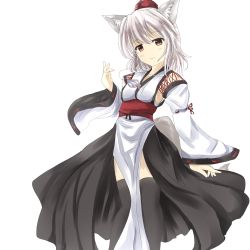 Rule 34 | 1girl, animal ears, bare shoulders, black legwear, blush, blush stickers, breasts, detached sleeves, hat, inubashiri momiji, kourindou tengu costume, looking at viewer, numahata tofu., pom pom (clothes), red eyes, short hair, silver hair, simple background, small breasts, solo, tail, tokin hat, touhou, white background, wolf ears, wolf tail