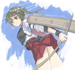Rule 34 | 1girl, :|, ass, bow (weapon), closed mouth, commentary request, dated, flight deck, green eyes, green hair, kangoku kou, kantai collection, looking at viewer, looking down, one-hour drawing challenge, red skirt, simple background, skirt, sky, solo, twintails, twitter username, weapon, zuikaku (kancolle)
