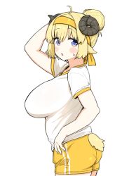 Rule 34 | 1girl, ahoge, alternate costume, animal ears, arm up, blonde hair, blush stickers, breasts, choppy bangs, clothing cutout, cowboy shot, curled horns, curvy, frilled skirt, frills, gym shirt, gym uniform, hair bun, hairband, highres, hololive, horns, large breasts, looking at viewer, okunin, open mouth, plump, purple eyes, sheep ears, sheep girl, sheep horns, sheep tail, shirt, short hair, short sleeves, shorts, simple background, single hair bun, skirt, solo, surprised, sweat, sweaty clothes, tail, tail through clothes, tsunomaki watame, virtual youtuber, white background, white shirt, yellow hairband, yellow shorts