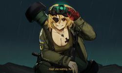 Rule 34 | 1girl, artist name, assault rifle, big boss, blonde hair, breasts, brown eyes, cleavage, cross, cross necklace, english text, eyepatch, fgm-148 javelin, green tank top, gun, hair between eyes, handgun, jacket, jewelry, large breasts, looking at viewer, man-portable anti-tank systems, marichka, mechanical arms, metal gear (series), metal gear solid v: ground zeroes, metal gear solid v: the phantom pain, military, military jacket, military uniform, necklace, night vision device, parody, patch, rain, rifle, scar, scar on face, shoulder patch, single mechanical arm, smirk, solo, tank top, ukrainian flag, uniform, usergore, weapon