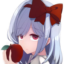 Rule 34 | 1girl, absurdres, apple, artist name, black souls, blue hair, bow, bow hairband, chinese commentary, closed mouth, eyes visible through hair, food, frown, fruit, hairband, highres, holding, holding food, holding fruit, leaf, light blue hair, long hair, pink eyes, pink pupils, portrait, pupa jiang, red bow, red hairband, simple background, snow white (black souls), solo, white background
