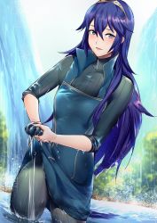 Rule 34 | 1girl, ameno (a meno0), black sweater, blue eyes, blue hair, blush, day, dress, fire emblem, fire emblem awakening, hair between eyes, highres, long hair, looking at viewer, lucina (fire emblem), nintendo, open mouth, parted lips, ribbed sweater, solo, sweater, symbol-shaped pupils, tiara, turtleneck, turtleneck sweater, water, wet, wet clothes, wet dress, wet hair, wringing, wringing clothes, wringing dress
