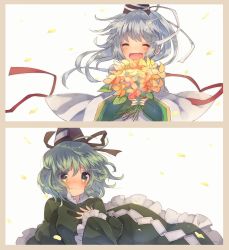Rule 34 | 2girls, blush, border, bouquet, dress, closed eyes, flower, green dress, green eyes, green hair, hand on own chest, hat, highres, long hair, long sleeves, mononobe no futo, multiple girls, open mouth, petals, ponytail, ribbon, short hair, silver hair, simple background, smile, soga no tojiko, tate eboshi, touhou, upper body, usamata, white background, wide sleeves, wind