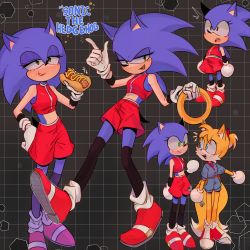 Rule 34 | 2girls, absurdres, artist request, blue eyes, breasts, chibi, eating, food, genderswap, gloves, green eyes, grid background, highres, hot dog, jacocoon, jewelry, multiple girls, ring, shoes, small breasts, sneakers, sonic (series), sonic the hedgehog, spanner (tool), tail, tails (sonic)