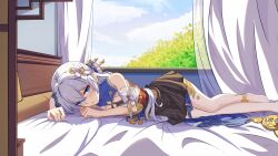 Rule 34 | 1girl, absurdres, bare shoulders, barefoot, bed, bed sheet, blue eyes, blue sky, china dress, chinese clothes, chinese commentary, closed mouth, cloud, commentary request, curtains, dress, flower, full body, hair between eyes, hair flower, hair ornament, highres, hinata mr assassin, honkai (series), honkai impact 3rd, indoors, long hair, looking at viewer, lying, official alternate costume, on bed, on side, sky, solo, theresa apocalypse, zhuge kongming (honkai impact), white flower, white hair, window, zhuge kongming (honkai impact)