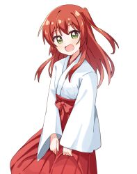 Rule 34 | 1girl, blush, bocchi the rock!, green eyes, hair between eyes, hakama, haru (konomi 150), highres, japanese clothes, kita ikuyo, long hair, long sleeves, looking at viewer, miko, one side up, open mouth, red hair, red hakama, simple background, smile, solo, white background, wide sleeves
