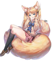 Rule 34 | 1girl, animal ear fluff, animal ears, artist name, black socks, blonde hair, blue eyes, bow, bowtie, brown footwear, brown sweater, commission, fox ears, fox tail, hair ornament, hands up, kneehighs, large tail, loafers, long hair, looking at viewer, miniskirt, open mouth, original, pink skirt, roang, shoes, simple background, skirt, smile, socks, solo, striped bow, striped bowtie, striped clothes, striped neckwear, sweater, tail, thighs, twintails, undershirt, watermark, white background
