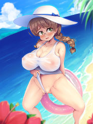 Rule 34 | 1girl, beach, blush, breasts, brown hair, cleavage, flower, glasses, green eyes, hat, highres, large breasts, long hair, looking at viewer, nervous, ocean, one-piece swimsuit, outdoors, pool float, pulling clothes, pussy, sand, see-through, solo, squatting, sweat, swimsuit, udonko072, wedgie