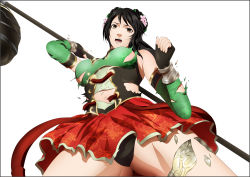 Rule 34 | 1girl, black hair, breasts, brown eyes, chinese clothes, guan yinping, highres, large breasts, legs, long hair, looking at viewer, open mouth, panties, shin sangoku musou, simple background, solo, standing, thighs, torn clothes, underwear, weapon, white background, yadokari genpachirou
