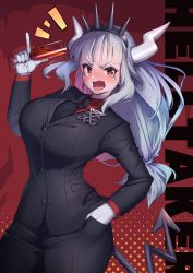 Rule 34 | 1girl, black jacket, black necktie, blazer, blunt bangs, blush, breasts, commentary request, cup, demon girl, glass, gloves, hand in pocket, hand up, helltaker, highres, holding, holding cup, horns, jacket, large breasts, long hair, long sleeves, looking at viewer, lucifer (helltaker), mole, mole under eye, necktie, open mouth, red eyes, solo, tears, white gloves, white hair, white horns, yana (nekoarashi)