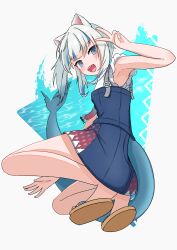 Rule 34 | 1girl, absurdres, animal ears, armpits, blue skirt, blunt bangs, breasts, brown footwear, cat ears, fins, fish tail, frilled sleeves, frills, gawr gura, gawr gura (casual), highres, hololive, hololive english, kaboten, looking at viewer, medium hair, open mouth, sandals, shark girl, shark tail, sharp teeth, shirt, short sleeves, sidelocks, skirt, skirt set, small breasts, smile, solo, tail, teeth, upper teeth only, v, virtual youtuber, white shirt