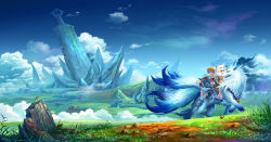 Rule 34 | 2girls, bird, bug, butterfly, cloud, day, diamond dust, fantasy, flower, grass, highres, insect, multiple girls, multiple riders, orange hair, original, riding, scenery, sky, wolf