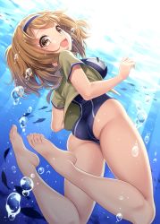 Rule 34 | 10s, 1girl, :d, absurdres, air bubble, animal, ass, bare legs, barefoot, blue one-piece swimsuit, blush, breasts, brown eyes, brown hair, bubble, covered erect nipples, cropped jacket, eyelashes, feet, fish, from behind, from below, hairband, highres, i-26 (kancolle), jacket, kantai collection, kase daiki, legs up, light rays, looking at viewer, looking down, medium breasts, new school swimsuit, one-piece swimsuit, open clothes, open jacket, open mouth, outdoors, plantar flexion, school swimsuit, short hair, short sleeves, silhouette, smile, solo, submerged, sunlight, swimsuit, tareme, toes, two-tone hairband, underwater, water