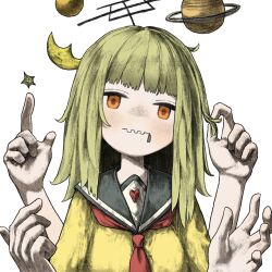Rule 34 | 1girl, black sailor collar, blunt bangs, blush, closed mouth, crescent, expressionless, extra arms, floating headgear, green hair, hands up, head tilt, headgear, highres, holding, holding own hair, index finger raised, kilsturgeon, looking at viewer, medium hair, neckerchief, nizimine kakoi, object floating above hand, orange eyes, pinching, planet, radio antenna, red neckerchief, sailor collar, shirt, simple background, solo, star (symbol), upper body, utau, white background, yellow shirt, zipper, zipper pull tab