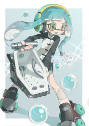 Rule 34 | 1girl, black footwear, black shorts, bloblobber (splatoon), blue hair, blue trim, border, braid, bubble, commission, dolphin shorts, eyebrow cut, fangs, full body, green eyes, green headphones, headphones, highres, holding, holding weapon, inkling, inkling girl, inkling player character, jacket, long hair, long sleeves, multicolored clothes, multicolored jacket, nintendo, open mouth, outside border, p-pepper, roller skates, shorts, single braid, skates, solo, splatoon (series), splatoon 3, tentacle hair, two-tone jacket, watermark, weapon, white border, zipper, zipper pull tab