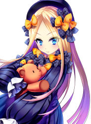 Rule 34 | 1girl, abigail williams (fate), absurdres, black bow, black dress, black hat, blonde hair, blue eyes, blush, bow, dress, edamame senpai, fate/grand order, fate (series), forehead, hair bow, hands in opposite sleeves, hat, highres, hugging object, long hair, long sleeves, looking at viewer, orange bow, parted bangs, parted lips, polka dot, polka dot bow, simple background, solo, stuffed animal, stuffed toy, teddy bear, v-shaped eyebrows, very long hair, white background