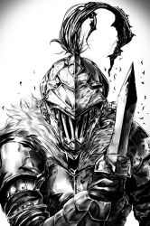 Rule 34 | 1boy, armor, blood, bloody weapon, breastplate, facing viewer, fur trim, gimgugnae, gloves, goblin slayer, goblin slayer!, greyscale, hand up, helmet, highres, holding, holding weapon, korean commentary, male focus, monochrome, pauldrons, plume, short sword, shoulder armor, simple background, solo, sword, upper body, vambraces, weapon, white background