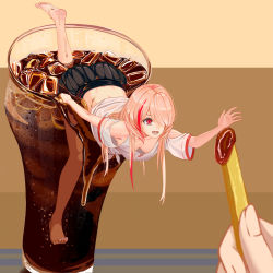 Rule 34 | 1girl, bare legs, barefoot, black skirt, braid, breasts, coca-cola, cola, cup, food, french fries, girls&#039; frontline, hair between eyes, hair over one eye, highres, leg up, long hair, m4 sopmod ii (girls&#039; frontline), mini person, minigirl, moran (pixiv27824646), multicolored hair, no shoes, one eye closed, open mouth, pink hair, red eyes, shirt, simple background, skirt, soles, solo, white shirt