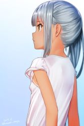 Rule 34 | 10s, 1girl, artist name, bad id, bad twitter id, commentary, from side, gradient background, grey hair, kantai collection, kanzaki muyu, kasumi (kancolle), long hair, looking away, profile, shirt, side ponytail, simple background, solo, tan, tanline, twitter username, upper body, white shirt, yellow eyes