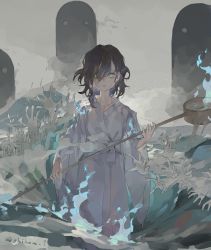 Rule 34 | 1girl, alternate costume, black hair, blue fire, commentary, fire, ghost, green eyes, grey background, highres, hishaku, holding, japanese clothes, kimono, long sleeves, looking at viewer, medium hair, murasa minamitsu, partially submerged, shihou (g-o-s), solo, standing, touhou, translated, twitter username, upper body, wading, water, waves, white kimono, wide sleeves