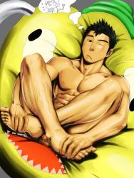 Rule 34 | 1boy, abs, black hair, casual nudity, legs together, couch, cushion, full body, itto (mentaiko), male focus, muscular, nude, penis, solo