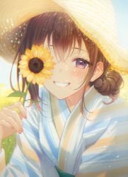 Rule 34 | 1girl, blue sky, blurry, blurry background, blush, brown hair, flower, hand up, haru (hiyori-kohal), hat, highres, holding, holding flower, japanese clothes, kimono, long hair, long sleeves, looking at viewer, obi, original, outdoors, purple eyes, sash, sky, smile, solo, straw hat, sun hat, sunflower, yellow flower