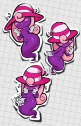 Rule 34 | 1girl, blush stickers, breasts, colored skin, curly hair, disembodied hand, flying sweatdrops, futanari, ghost, ghost tail, gloves, grid background, hair over eyes, hat, highres, mario (series), newhalf, nintendo, nipples, niucniuc, o3o, paper mario, paper mario: the thousand year door, penis, poking penis, purple skin, small breasts, striped clothes, striped headwear, testicles, two-tone headwear, vivian (paper mario), white gloves, witch hat, yellow lips