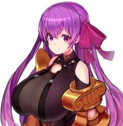 Rule 34 | 10s, 1girl, breasts, cleavage, closed mouth, fate/extra, fate/extra ccc, fate (series), hair ribbon, huge breasts, long hair, looking at viewer, o-ring, o-ring top, passionlip (fate), purple eyes, purple hair, purple ribbon, ribbon, simple background, smile, solo, tokiwa online, upper body, white background