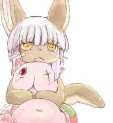 Rule 34 | 10s, artist request, brown eyes, rabbit, furry, made in abyss, mitty (made in abyss), nanachi (made in abyss), open mouth, white hair