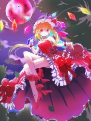Rule 34 | 1girl, blonde hair, bow, cloud, crystal, dress, dress bow, flandre scarlet, full body, full moon, hat, high heels, highres, kanata gekiryuu, looking at viewer, mob cap, moon, off-shoulder dress, off shoulder, one side up, outdoors, red bow, red dress, red eyes, red footwear, red moon, sky, solo, star (sky), starry sky, touhou, white hat, wings, wrist cuffs