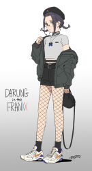 Rule 34 | 10s, 1girl, arm at side, bag, belt, black bag, black belt, black coat, black hat, black pantyhose, black shorts, braid, breasts, casual, coat, commentary, copyright name, crop top, cross-laced footwear, darling in the franxx, expressionless, fashion, fishnet pantyhose, fishnets, flat color, forehead, full body, glasses, gradient background, half-closed eyes, hand up, hat, high-waist shorts, highres, holding, holding bag, ikuno (darling in the franxx), jewelry, legs, looking at viewer, necklace, nike (company), open clothes, open coat, pantyhose, pantyhose under shorts, parted lips, product placement, rimless eyewear, round eyewear, shirt, shoelaces, shoes, short hair, short shorts, short sleeves, shorts, shoulder bag, sidelocks, signature, simple background, small breasts, sneakers, socks, solo, standing, streetwear, tarou2, twin braids, untied footwear, white shirt
