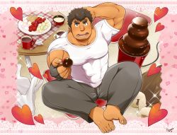 Rule 34 | 1boy, arm behind head, arm hair, bara, barefoot, blush, brown hair, chocolate, chocolate fountain, covered abs, cup, facial hair, food, full body, grey pants, heart, highres, holding, holding food, incoming food, incoming gift, takabushi kengo, kontahsm, large pectorals, male focus, mature male, mug, muscular, muscular male, pants, pectorals, shirt, short hair, sideburns, solo, stubble, tokyo houkago summoners, valentine, white shirt