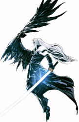 Rule 34 | 1boy, black coat, black pants, black wings, chun lo, coat, feathered wings, final fantasy, final fantasy vii, final fantasy vii remake, flying, from side, highres, holding, holding sword, holding weapon, katana, long hair, pants, sephiroth, simple background, single wing, solo, sword, weapon, white background, white hair, wings
