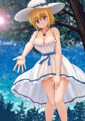 Rule 34 | 1girl, armpits, bare arms, bare shoulders, blonde hair, blue bow, blue eyes, blue sky, blurry, blurry background, blush, bow, breasts, cleavage, closed mouth, cloud, collarbone, commentary, commission, cross, day, depth of field, dress, en&#039;en no shouboutai, english commentary, fingernails, frilled dress, frills, hair between eyes, hand on own thigh, happy, hat, hat bow, highres, iris (enen no shouboutai), jewelry, kazenokaze, large breasts, leaning forward, legs, light blush, nature, neck, necklace, outdoors, outstretched hand, see-through, short hair, sidelocks, sky, sleeveless, sleeveless dress, smile, solo, summer, sun hat, sundress, sunlight, thighs, thighs together, tree, white dress, white hat