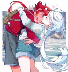 Rule 34 | 2girls, backpack, bag, bai xin, blurry, blurry background, car, closed eyes, cool (gundam suisei no majo), couple, day, earrings, english text, gundam, gundam suisei no majo, hair ornament, hairband, hairclip, happy, heart, highres, hug, jacket, jewelry, charm (object), light blush, long hair, miorine rembran, motor vehicle, multiple girls, nail polish, open mouth, outdoors, photo background, red hair, road, shorts, skirt, smile, street, suletta mercury, teeth, upper teeth only, very long hair, white hair, yuri
