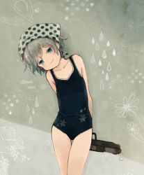 Rule 34 | 1girl, arms behind back, black one-piece swimsuit, blush, collarbone, commentary request, crown, green eyes, grey hair, head scarf, head tilt, jecy, looking at viewer, losika (jecy), one-piece swimsuit, original, short hair, smile, snowflake print, solo, swimsuit, thigh gap, water gun, wavy mouth, wet, wet hair