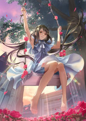 Rule 34 | 1girl, armpits, arms up, barefoot, blue dress, bow, brown eyes, brown hair, building, cloud, cloudy sky, dress, feet, flower, foot dangle, from below, green eyes, knees together feet apart, lens flare, long hair, looking at viewer, ojyou, original, outdoors, parted bangs, petals, plant, red flower, red rose, rose, sitting, sky, sleeveless, sleeveless dress, smile, solo, swing, tree, very long hair