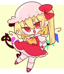 Rule 34 | 1girl, ascot, blonde hair, blush, crystal, crystal wings, fang, flandre scarlet, frilled skirt, frills, hair between eyes, hat, highres, laevatein (touhou), looking at viewer, mob cap, op na yarou, open mouth, ponytail, puffy short sleeves, puffy sleeves, red eyes, red skirt, red vest, short hair, short sleeves, side ponytail, simple background, skirt, skirt set, smile, socks, solo, touhou, vest, wings, yellow ascot