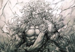 Rule 34 | 1boy, beard, blank eyes, circlet, facial hair, fate/grand order, fate (series), graphite (medium), highres, kupa (jesterwii), lightning, long hair, male focus, monochrome, muscular, solo, traditional media, zeus (fate)