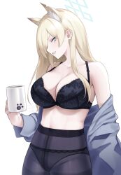 Rule 34 | 1girl, absurdres, animal ear fluff, animal ears, bare shoulders, black bra, black pantyhose, blonde hair, blue archive, bra, breasts, cleavage, clenched teeth, commentary, cowboy shot, cup, grey eyes, grey jacket, highres, holding, holding cup, jacket, kanna (blue archive), large breasts, long hair, long sleeves, looking at viewer, mug, off shoulder, panties, panties under pantyhose, pantyhose, sharp teeth, simple background, solo, standing, stomach, svet yomi, teeth, underwear, very long hair, white background