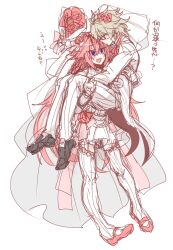 Rule 34 | 2boys, androgynous, ascot, astolfo (fate), astolfo (saber) (fate), black bow, black footwear, blush, bouquet, bow, bridal veil, carrying, carrying person, closed mouth, dress, fang, fate/apocrypha, fate/grand order, fate (series), flower, formal, gloves, grey hair, hair between eyes, hair bow, hair flower, hair intakes, hair ornament, haoro, highres, jacket, long hair, looking at another, male focus, multiple boys, open mouth, pants, pink ascot, pink bow, pink footwear, pink hair, princess carry, purple eyes, red eyes, red flower, red rose, rose, short hair, sieg (fate), simple background, sketch, skin fang, skirt, smile, suit, sweatdrop, thighhighs, trap, veil, very long hair, wedding dress, white background, white dress, white gloves, white jacket, white pants, white skirt, white suit, white thighhighs, yaoi